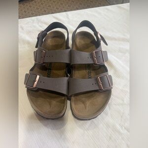 Birkenstock Brown Adjustable Two-Strap Sandals with Rose Gold Buckles